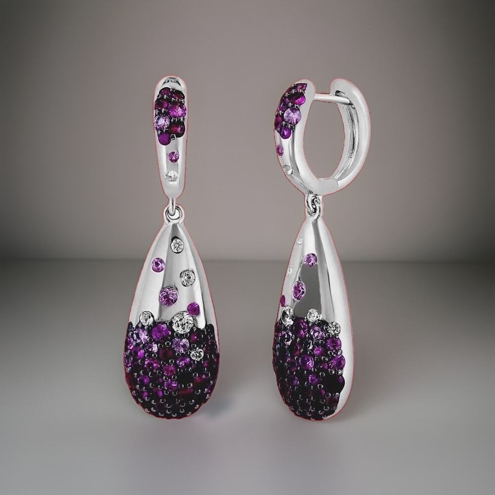 New! Effy Sterling Silver , Purple & White Sapphire Drop Earrings / MSRP $1,970